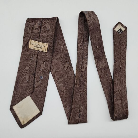 Givenchy Monsieur Necktie Geometric Brown Silk Blenc 3.25" W 57" L VTG Retro - Picture 4 of 7